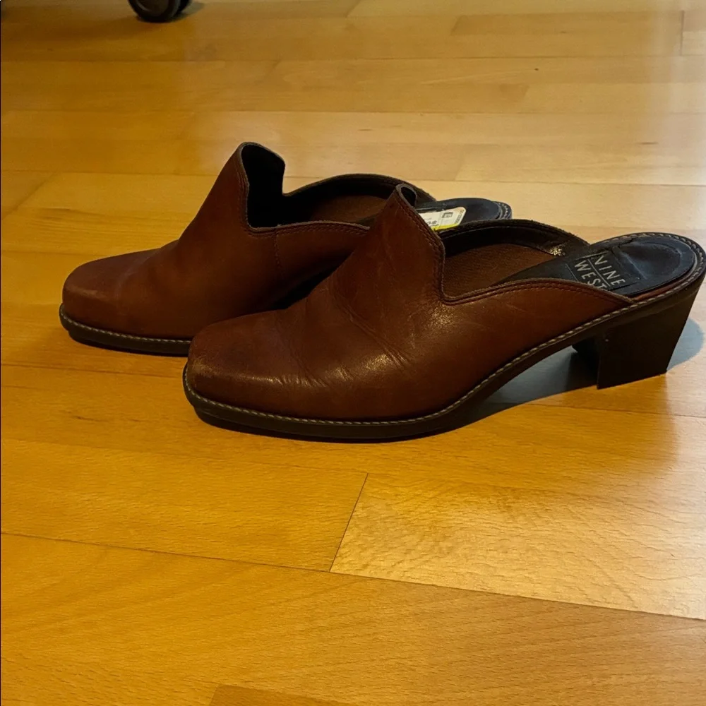 Nine West Chestnut Brown Leather Slip-On Mule Heels - Picture 1 of 6